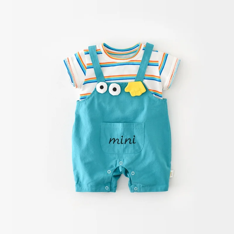 Baby Summer Rainbow Striped Half Sleeve Jumpsuit Men's and Women's Baby Cartoon Romper Newborn Outer Wear Fake Two Pieces