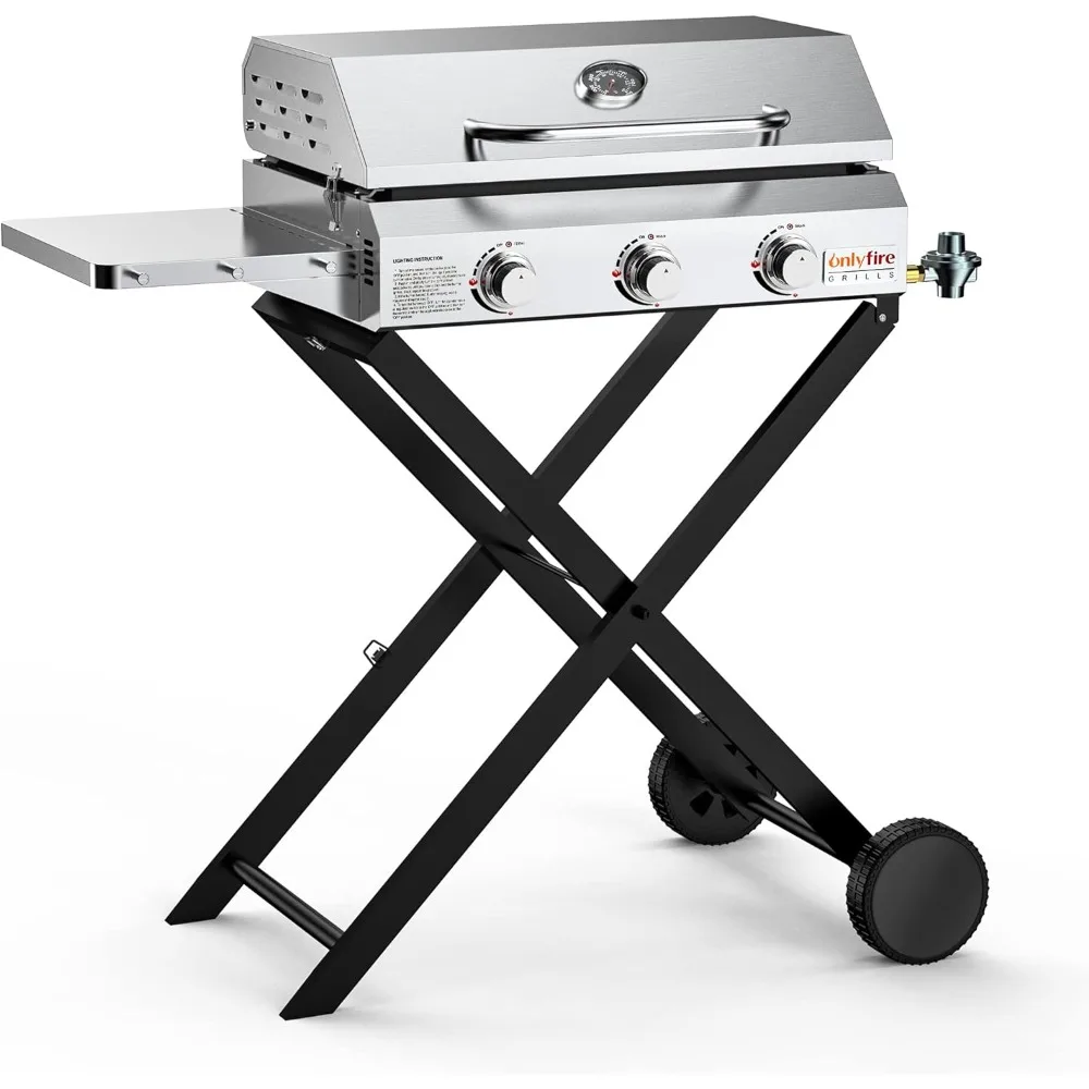 Portable BBQ Gas Griddle 3-Burner With Cart & Side Table Gas Stove for Trips Outdoor Camping Cooking Set Tent Folding Fire Pit