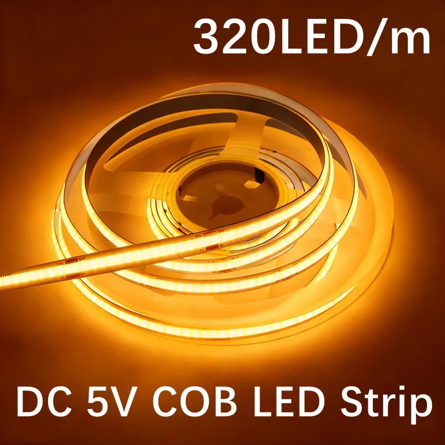 320LEDs/M DC 5V COB LED Strip Lights Flexible LED Tape USB Plug 8mm Ribbon Linear Dimmable For Room Decoration 3000K 4000K 6000K