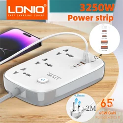 LDNIO Universal Power Strip with 65W GaN USB Charer 3250W Extension Cable Network Filter Surge Protector  EU/US/UK Plug Socket