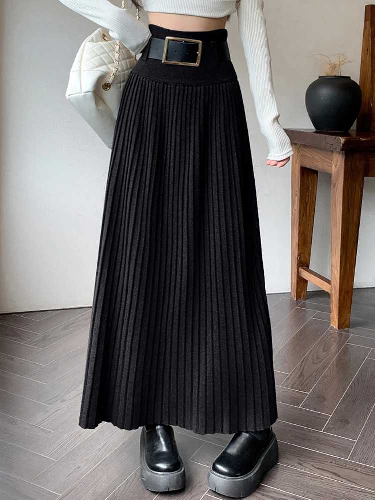 Autumn Winter Knitted Pleated Long Skirts For Women Clothing Elastic High Waist Slim Elegant Umbrella Skirt Casual Office Lady