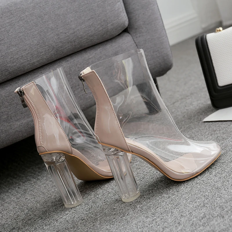 2023 Fall New Women Boots Fashion Sexy Transparent Film Zipper Crystal Heel Party High Heel Ankle Boots