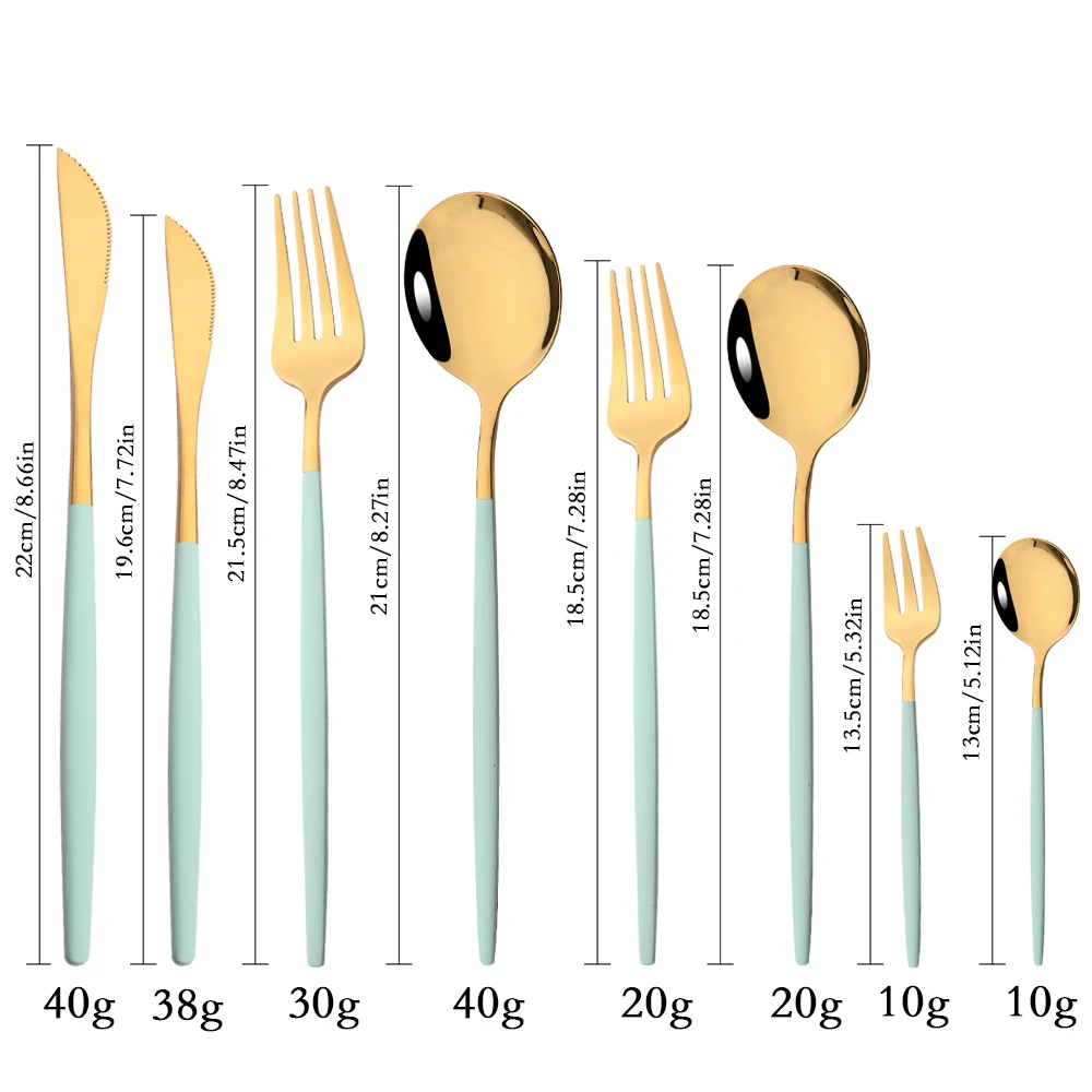 48Pcs Mint Gold Cutlery Set Mirror Stainless Steel Flatware Dessert Knife Fruit Fork Coffee Spoon Dinnerware Kitchen Tableware