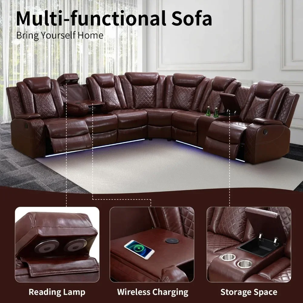 Recliner, Power Recliner Sofa Sectional Couches With LED Light, Leather Reclining Corner Sectional Sofa Set With 3 Recliner Seat