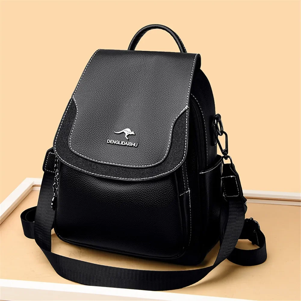 New Soft Leather Black Backpacks Large Capacity Shoulder Bag Ladies Fashion Women\'s Travel School Bags for Teen Girls Mochilas