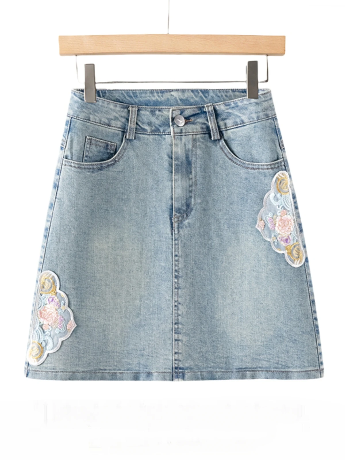 

Women's New Chinese Style Slimming Denim Skirts Summer Embroidered High Waist A-line Wrapped Hip Short Skirt Female Clothing