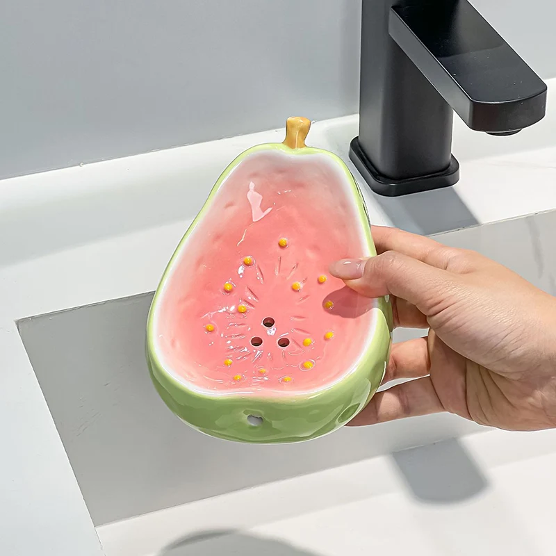 Dopamine Style Guava Ceramic Soap Dish with Drainage Rack for Bathroom Vanity Creative Organizer Stand