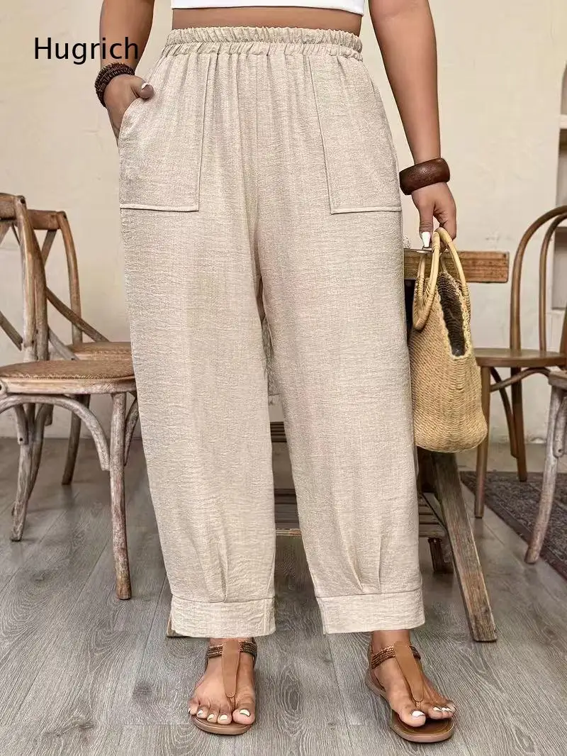 Women Elastic Waist Textured Cuffed Cropped Harem Pants Big Front Pockets Loose Casual Trousers
