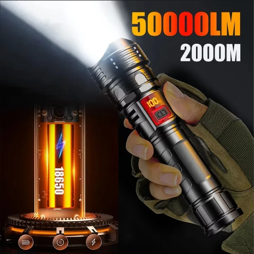 Powerful LED Flashlight USB Rechargeable Camping Lantern Digital Display Flashlight Emergency Spotlights for Fishing Hunting