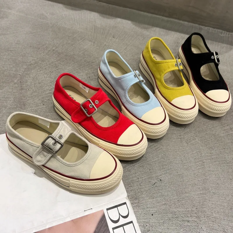 

Thick Bottom Mary Jane Shoes Breathable Hollow out Canvas Versatile Summer New Metal Decorated Mid Heel Casual Women's shoes