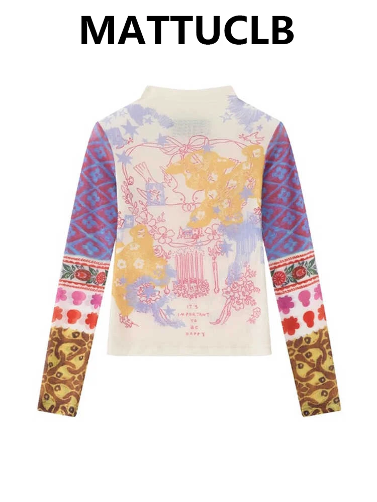 

Autumn Winter Women's Mesh Top Long Sleeve Bohemia T-Shirts Design Contrast Color Tees Y2k 2000s High Street Tide Streetwear New
