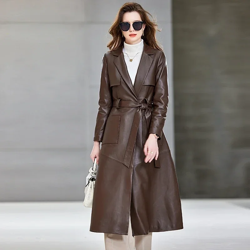 Veste en cuir véritable pour femmes, manteau Long en peau de mouton, ceinture coréenne, Trench-Coat, haut de gamme