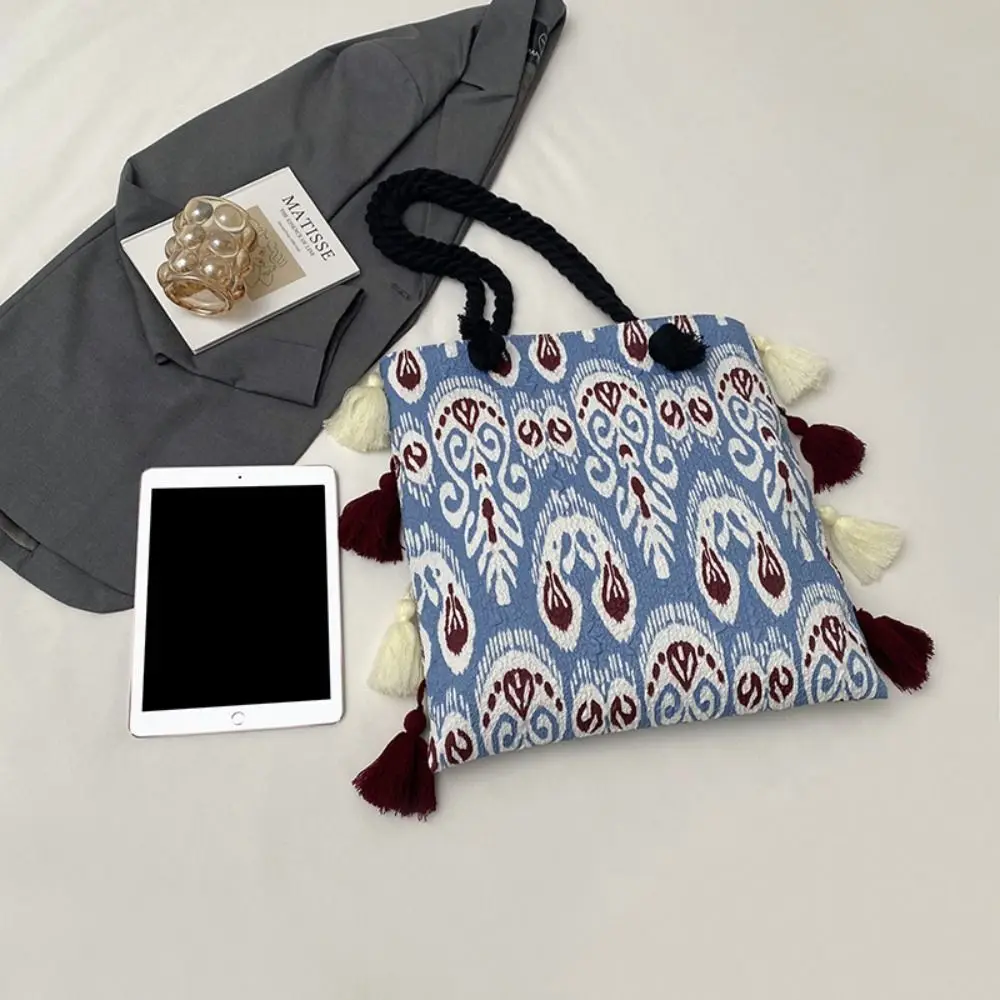 

Large Capacity Tassel Tote Bag Fringe Geometric Pattern Ethnic Style Shoulder Bag Cloth Drawstring Bohemian Handbag Beach