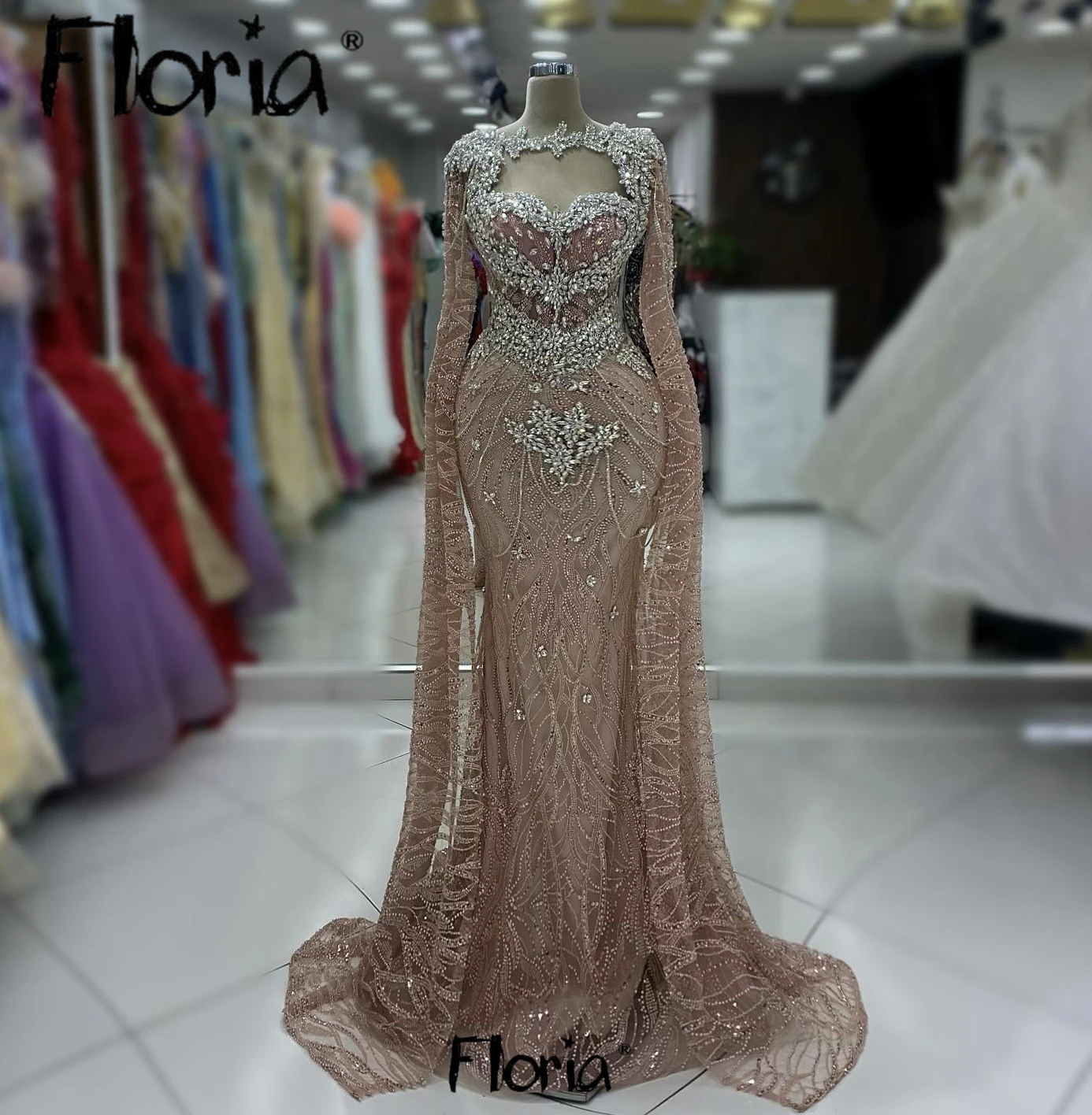 Blush Pink Cape Sleeve Evening Dress Elegant 2025 Mermaid Formal Wedding Party Dresses Heavy Beaded Engagament Gowns Dubai