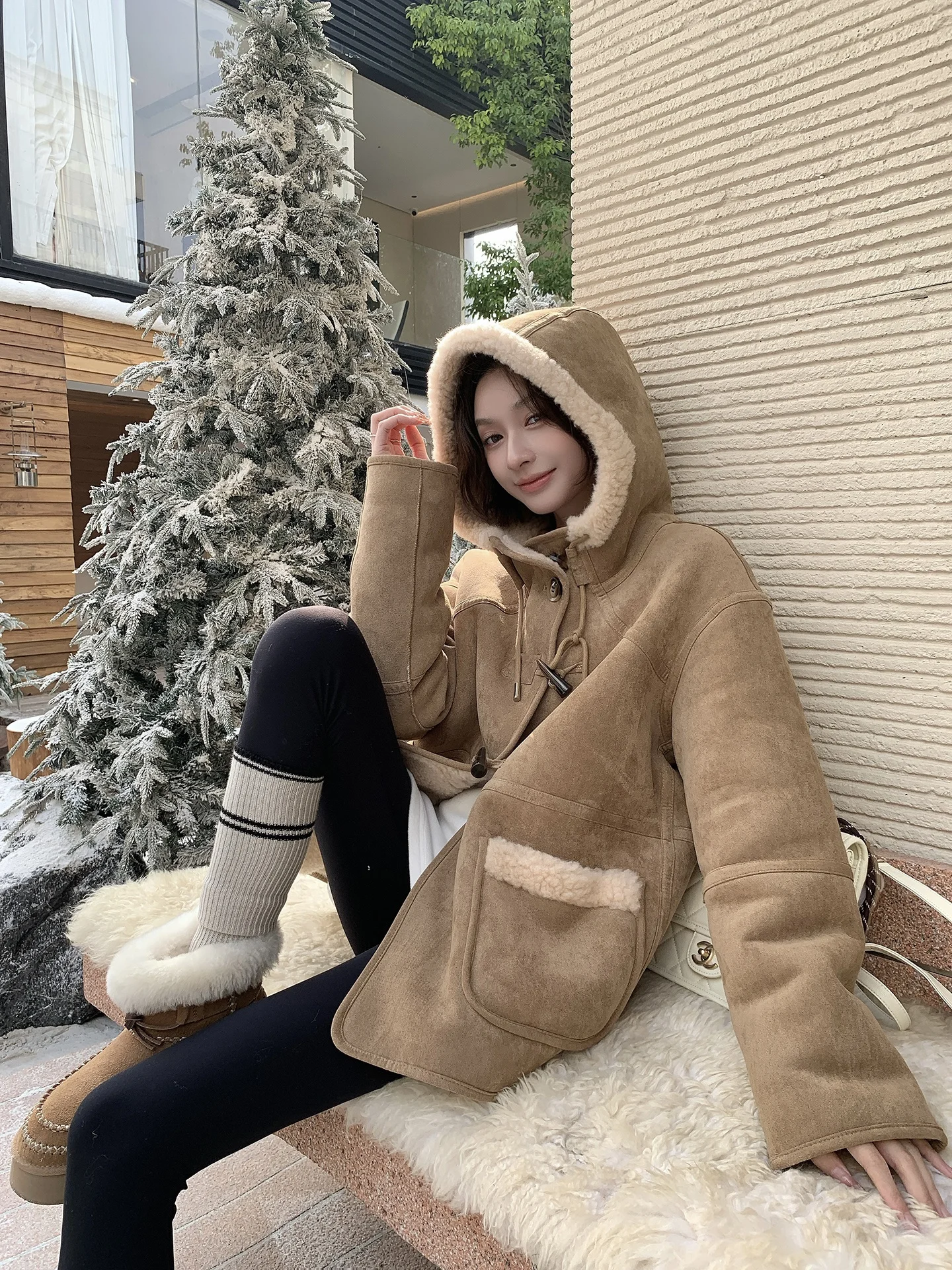 Retro thiened pele de cordeiro casaco feminino coreano sle inverno camurça calor outerwear suporte ajuste longo sve com capuz comprimento médio