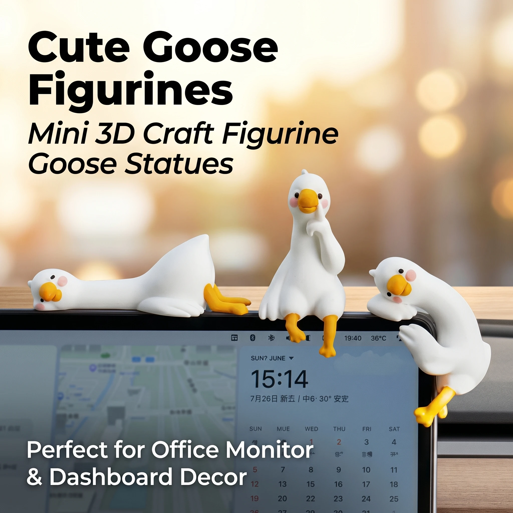 Cute Goose Figurines Mini 3D Craft Figurine Goose Statues for Office Monitor & Dashboard Decor