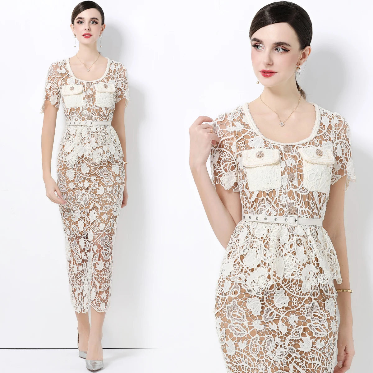 Summer Retro Solid Sexy Dress Women U-Neck Short Sleeve Square Pocket Decoration Dress Lace Cutout Comes with Belt Evening Gown