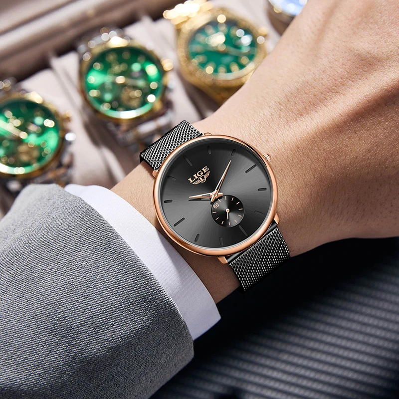 LIGE Top Brand Luxury Quartz Watch Fashion Classic Casual Sport Simple Steel Mesh Strap Waterproof Watches Male Montre Homme+Box