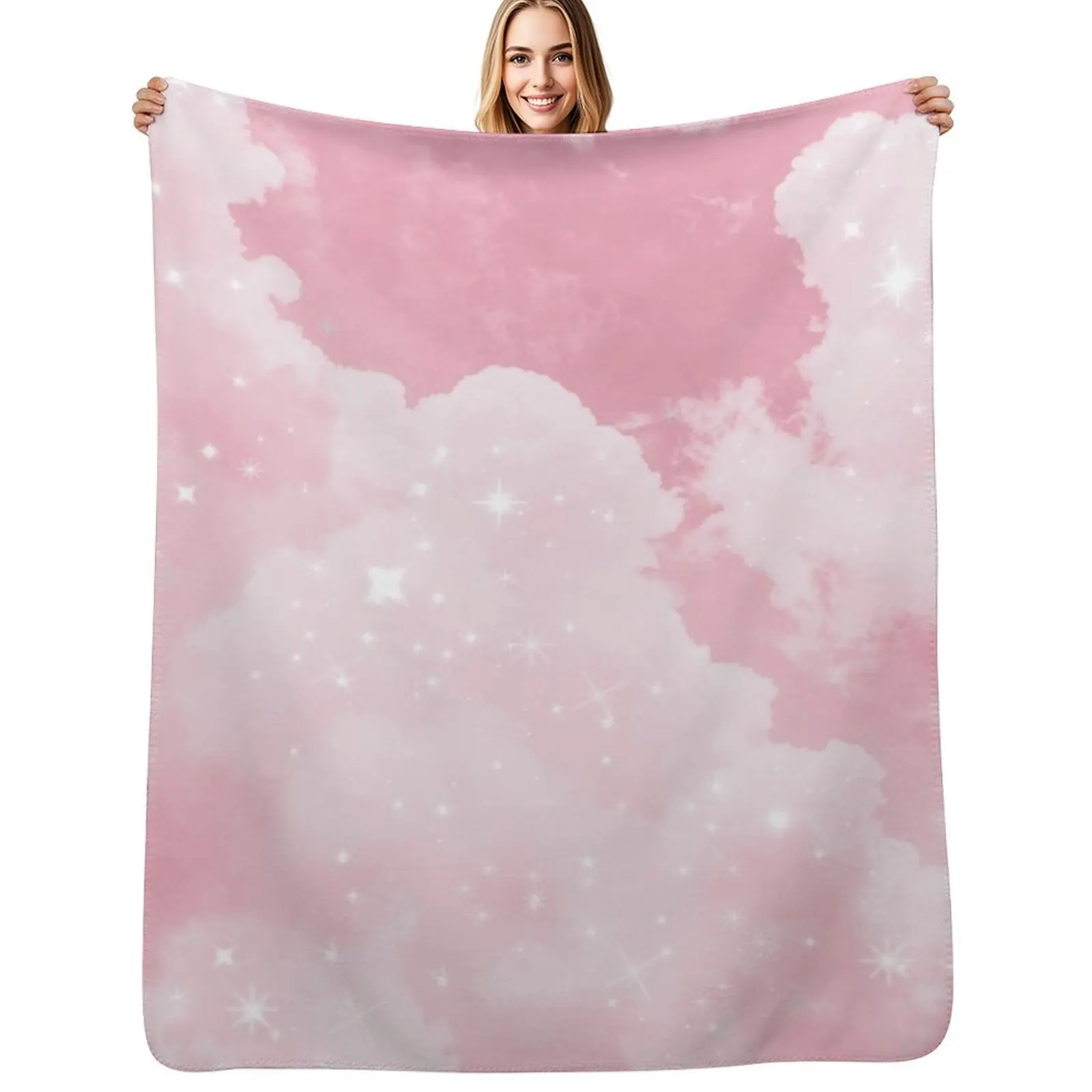 Pink Clouds Sparkling Throw Blanket Faux Fur Soft Warm Blanket for Bed
