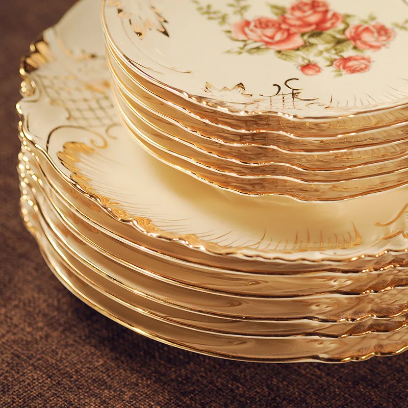 European-style ceramic tableware, bowls, spoons, embossed gold-plated Korean roses plates and bowls set dinnerware set vajillas