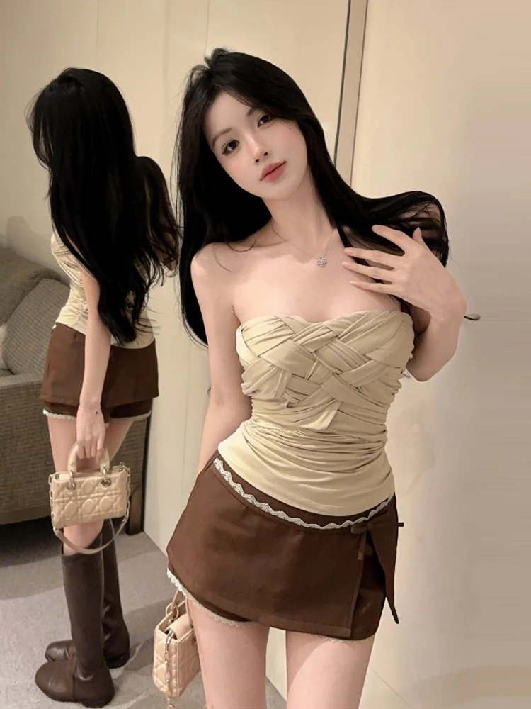 

Foamlina 2025 Новый пикантный топ без рукавов для девочек, сексуальный тканый топ без бретелек без рукавов со рюшами, тонкий укороченный топ Y2K, уличный стиль, летние топы для вечеринок