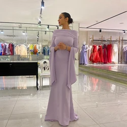 Simple Lilac Prom Dresses Boat Neck Long Sleeves Evening Gowns Back Zipper Pleat Floor Length Mermaid 2024 فساتين السهرة