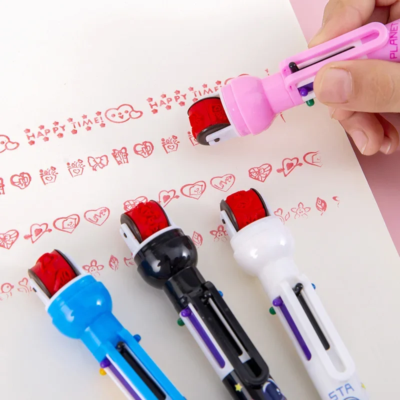 6 In 1 penna a sfera colorata Kawaii Roll con timbro penna a sfera multicolore marcatura strumento di scrittura forniture di cancelleria per ufficio