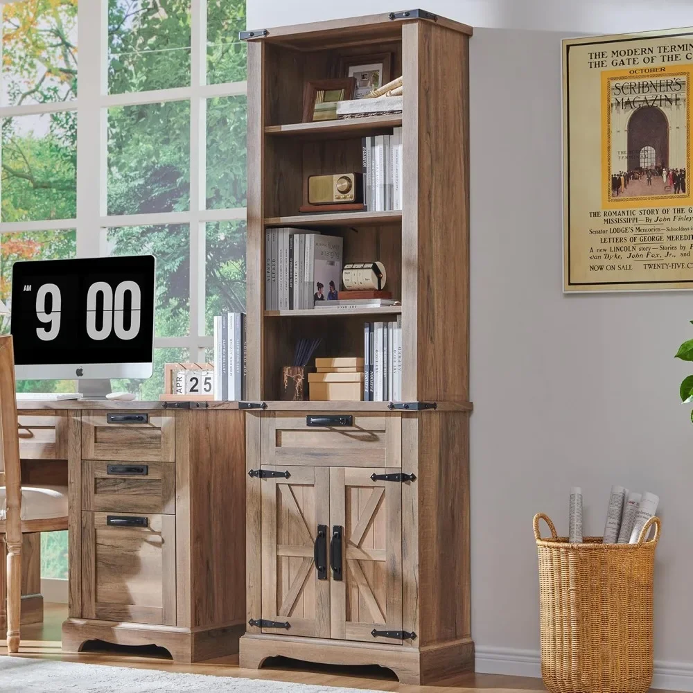 72'' Tall Bookshelf with Storage, Farmhouse 4 Tier Bookcase with Barn Door, Adjustable Shelves and Drawers