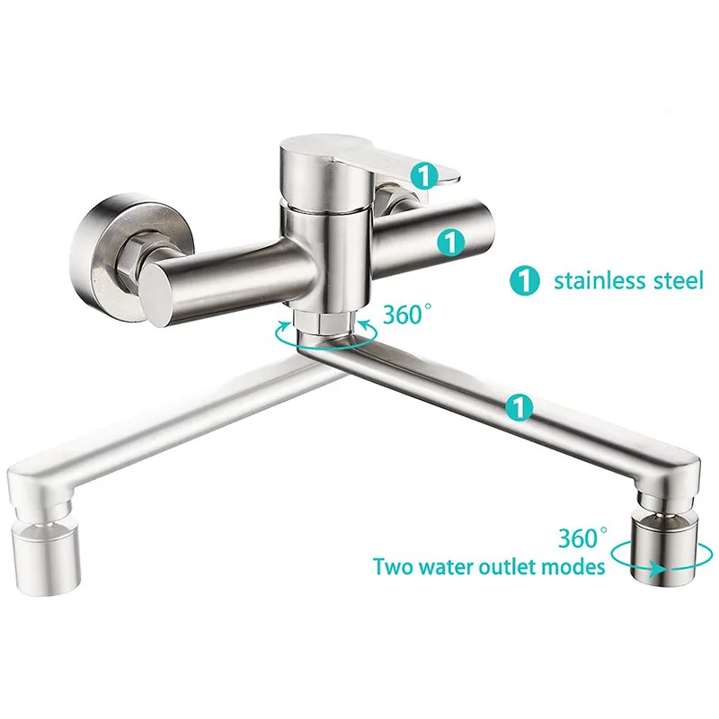 Kitchen Aerator Faucet Wall Mounted 304 Stainless Steel Single Handle Double Hole Hot Cold Water Saving Mixer Sink Mop Pool Tap