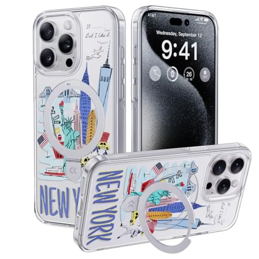 Pannello posteriore trasparente con serie Landmark Building City Memory per custodia New York Phone 14 Pro con supporto ad anello magnetico Milita