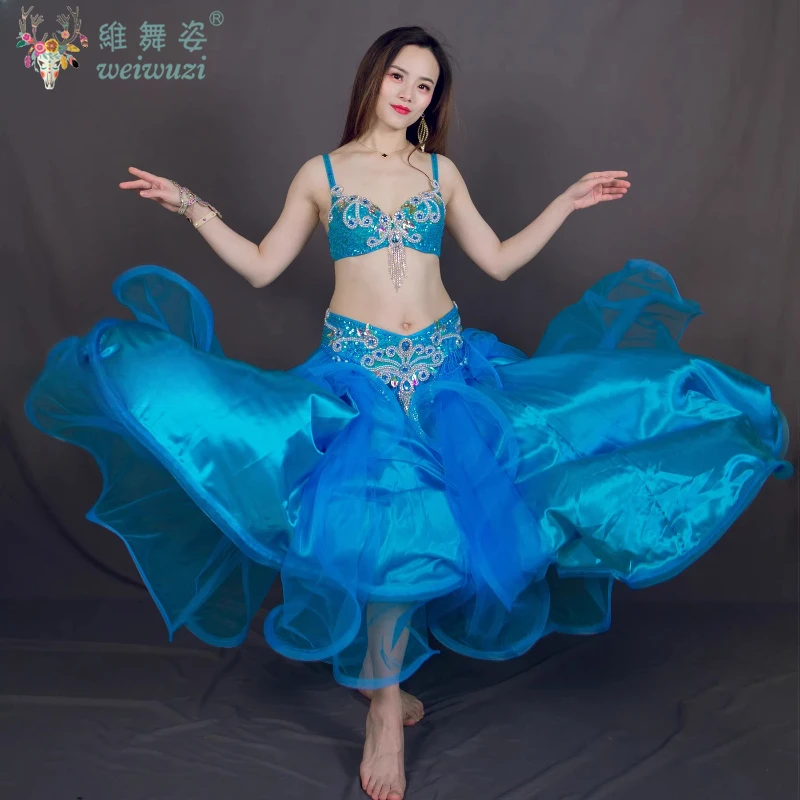 

High-end Belly Dance Performance Suit for Women Stones Bra+chiffon Long Skirt 2pcs Bra Belt Skirt Oriental Belly Dancing Outfit