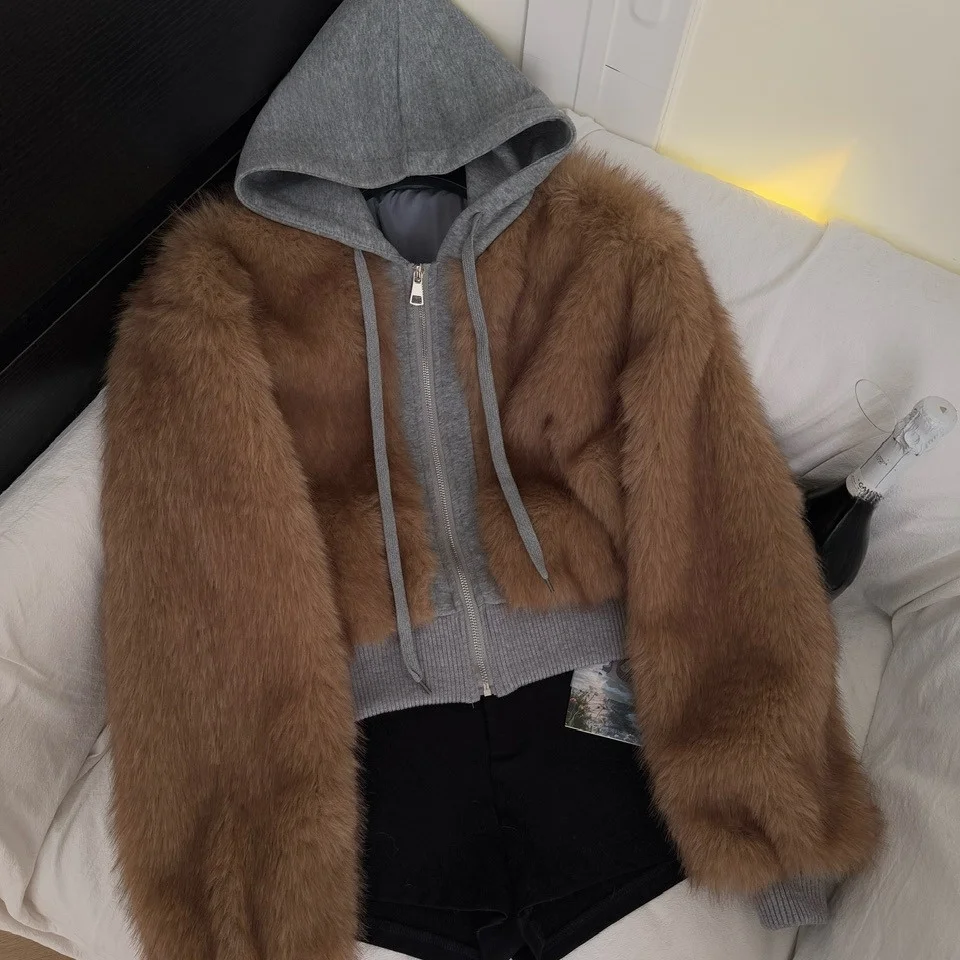 الأمريكية الرجعية تقسم وهمية الفراء مقنعين Jaet المرأة فضفاضة معطف دافئ غير رسمي ألياف البوليستر 2025 الشتاء السيدات Faion #3