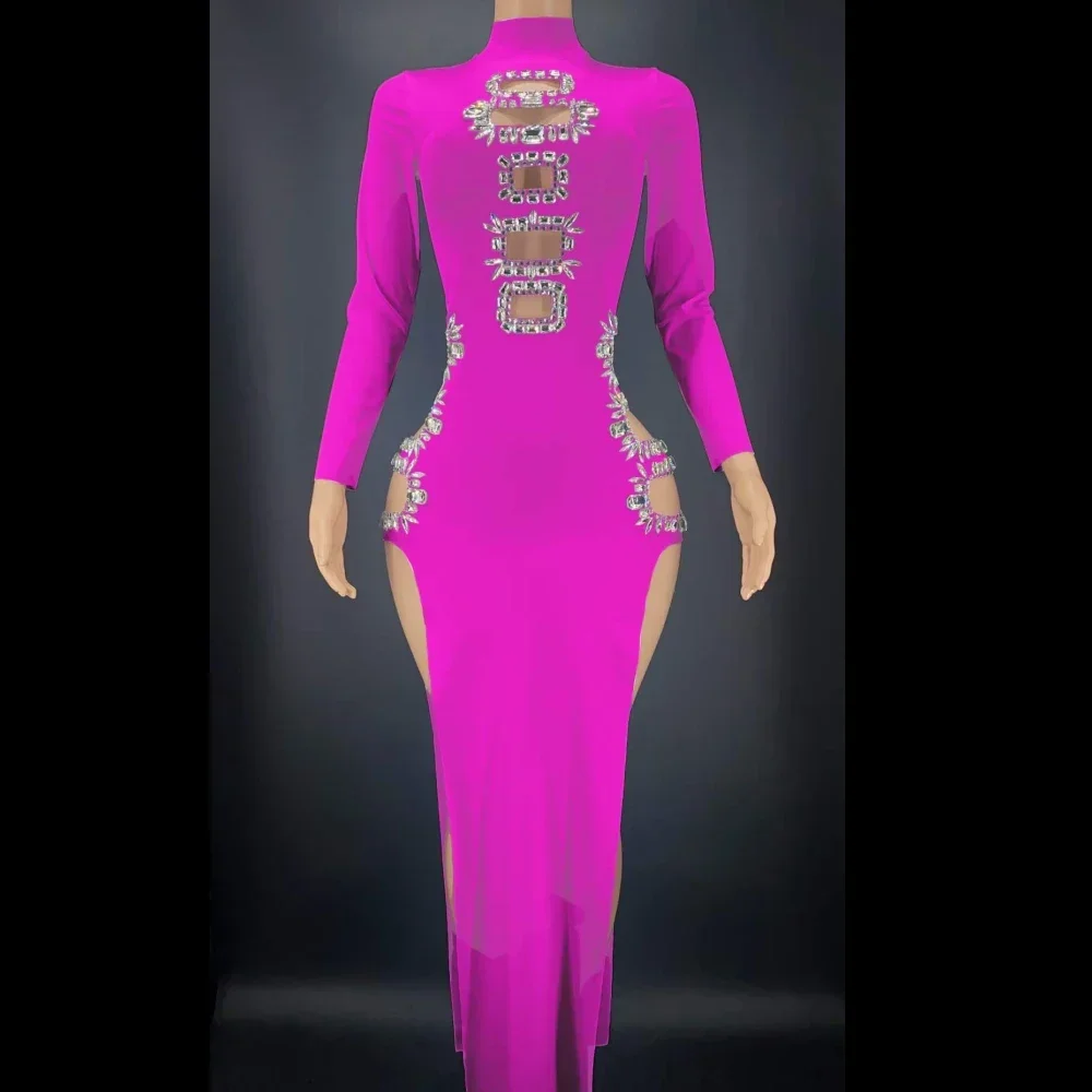 Veelkleurige uitgeholde glanzende steentjes sexy hoge split jurk voor vrouwen avond prom kleding toneelkostuum zanger draagt