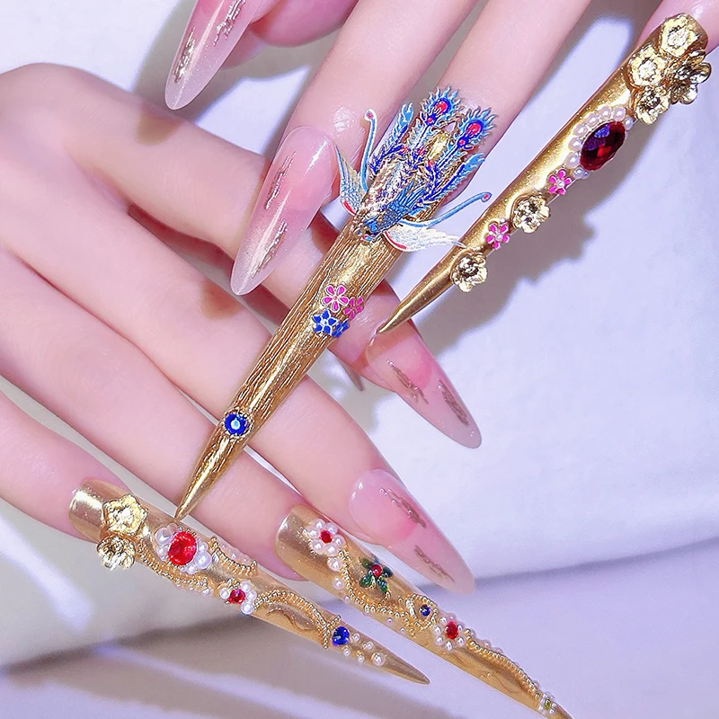 

14Piece（4long+10short）Press On Nails, Gold Base with Colorful Gemstones & Phoenix Decor, Retro Royal Design, Long Stiletto Sh