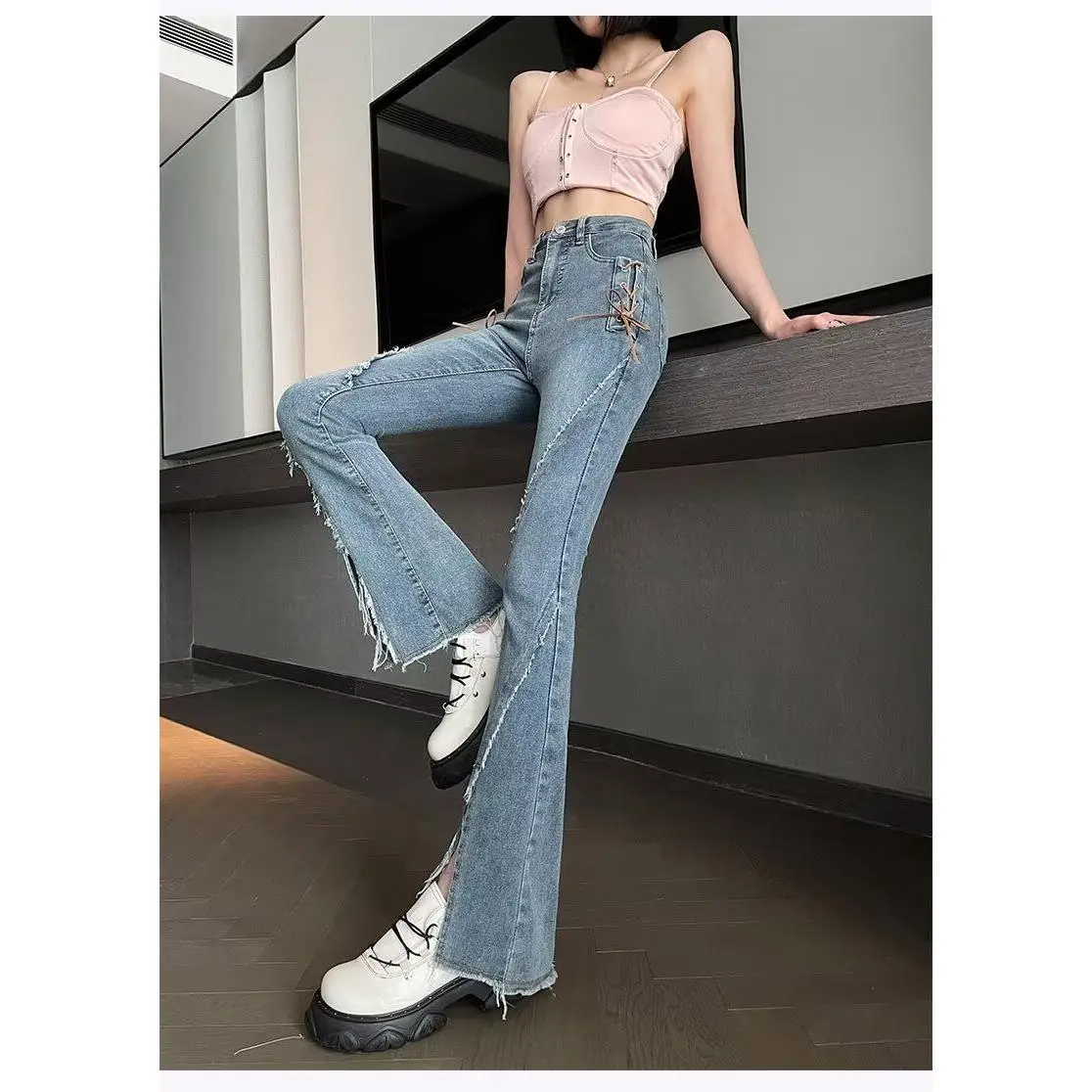 

Slim Fit High Waist Denim Jeans Women's Micro Flared Pants Versatile Simple Sle Casual Cotton Polyester Blend