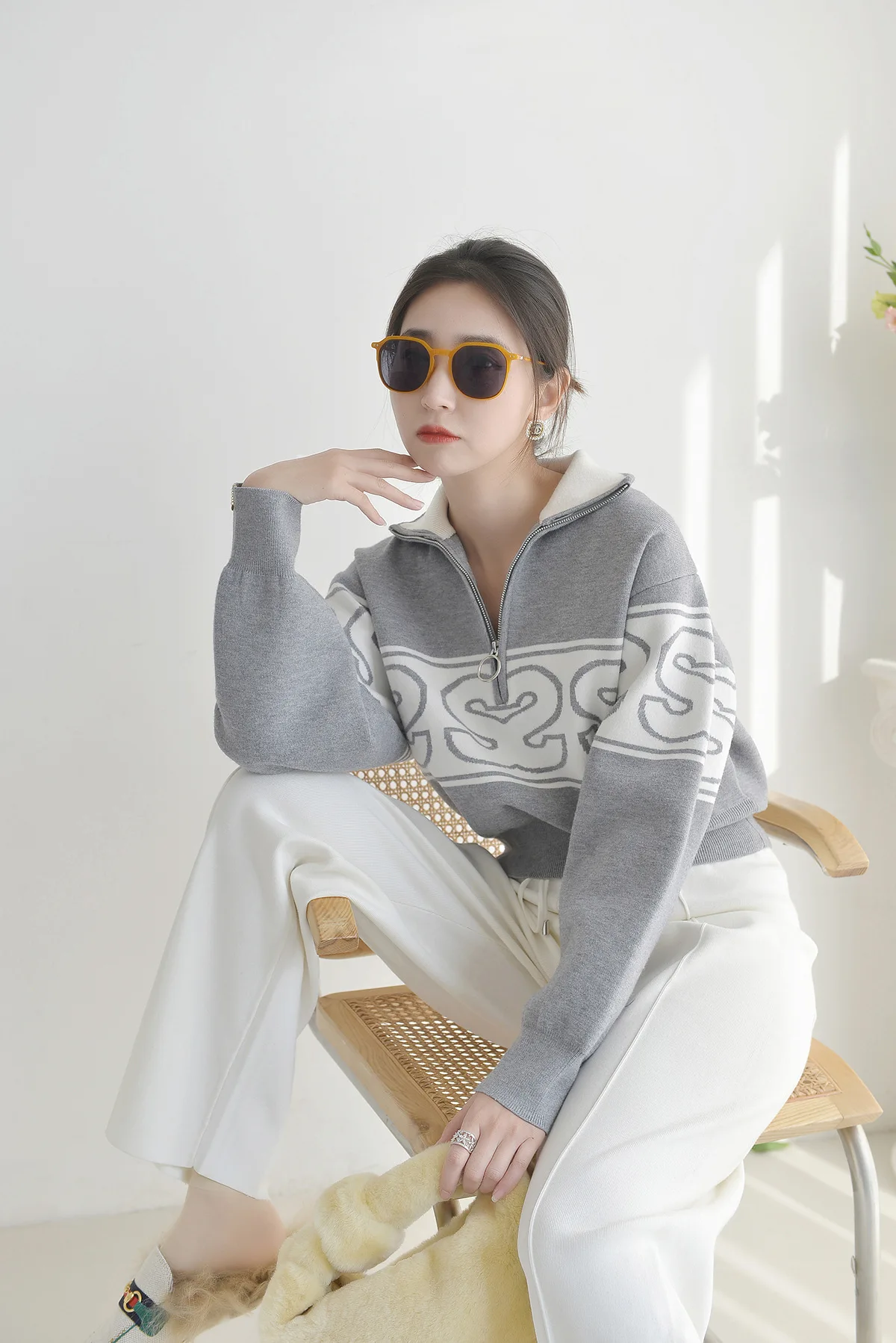 Letter jacquard sweater half zipper high collar waist casual temperament sweatshirt women 2024 autumn and winter new style