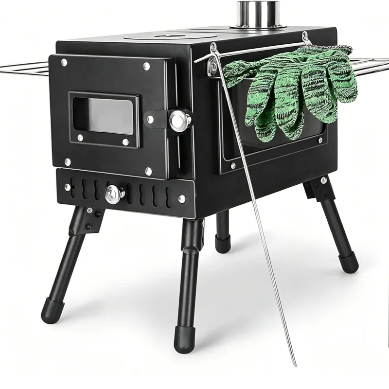 Portable Tent Wood Burning Stove with Chimney Pipes, Glass View Window & Side Rack, Foldable Camping Wood Stove for Outdoor Cooking, Tent Heating, Backpacking, Camping, Emergency Survival