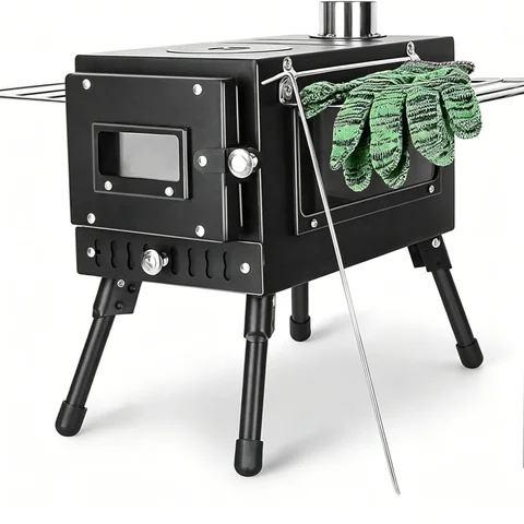 Portable Tent Wood Burning Stove with Chimney Pipes, Glass View Window & Side Rack, Foldable Camping Wood Stove for Outdoor Cooking, Tent Heating, Backpacking, Camping, Emergency Survival