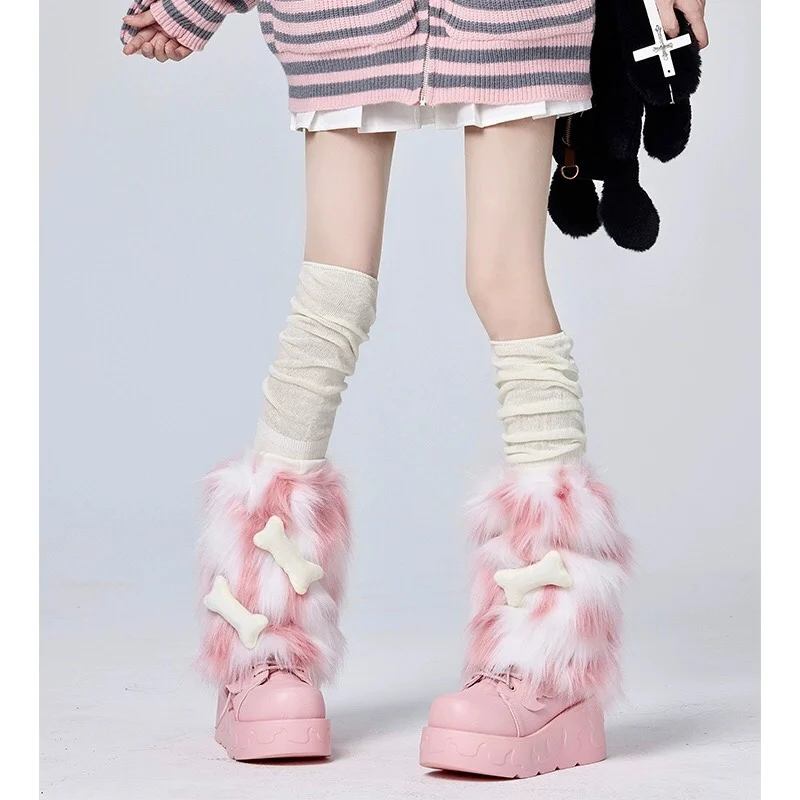 Tube Socks Women's Striped Stitching Black Leg Cartoon Bone Element Bandage Panda Thickened Warm Knee Socks Fashion All-Match1Pc
