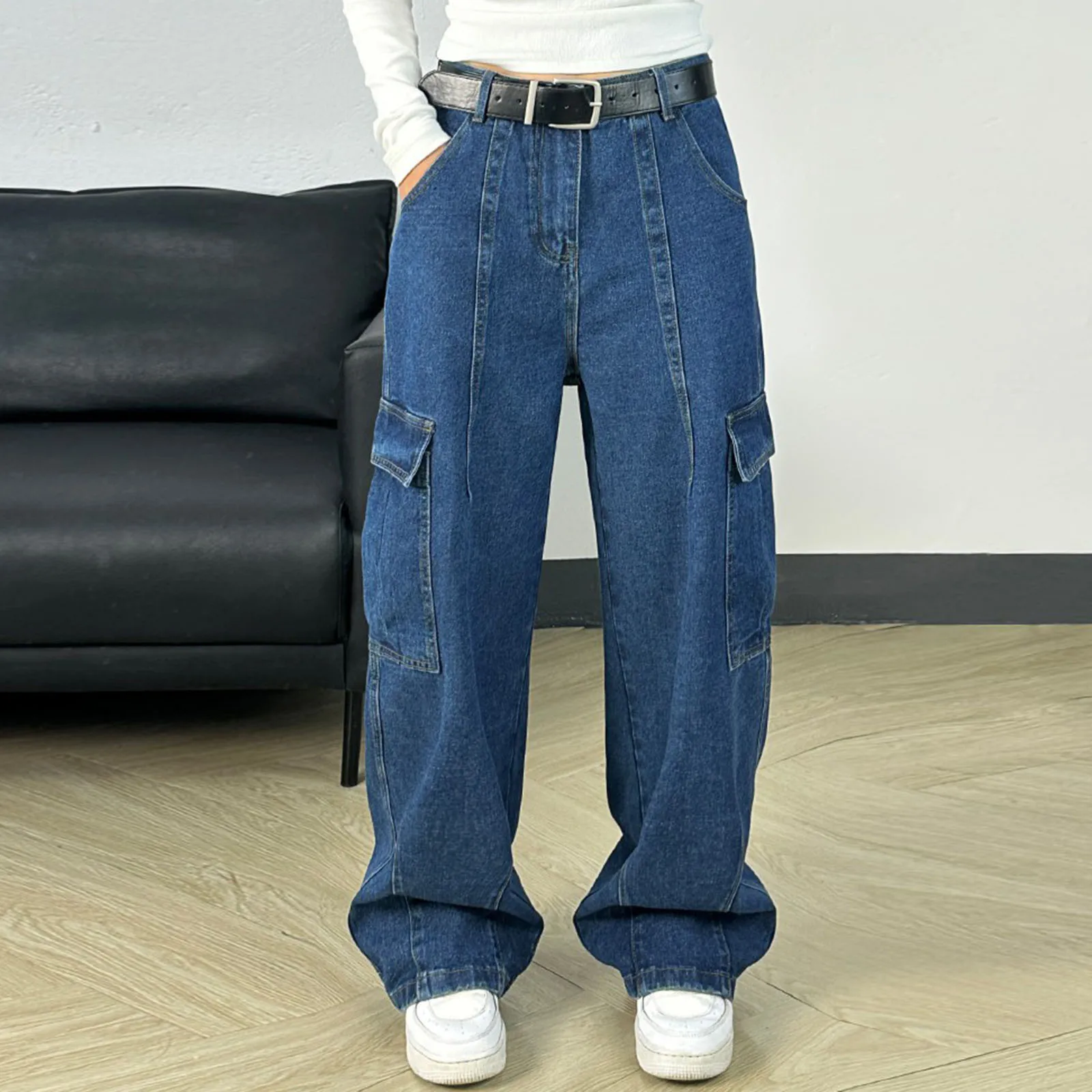 Vintage cargo jeans Koreaanse stijl rechte pijpen casual grote zak ontwerp 2025, nieuwe trendy denim broek vrouw denim broek