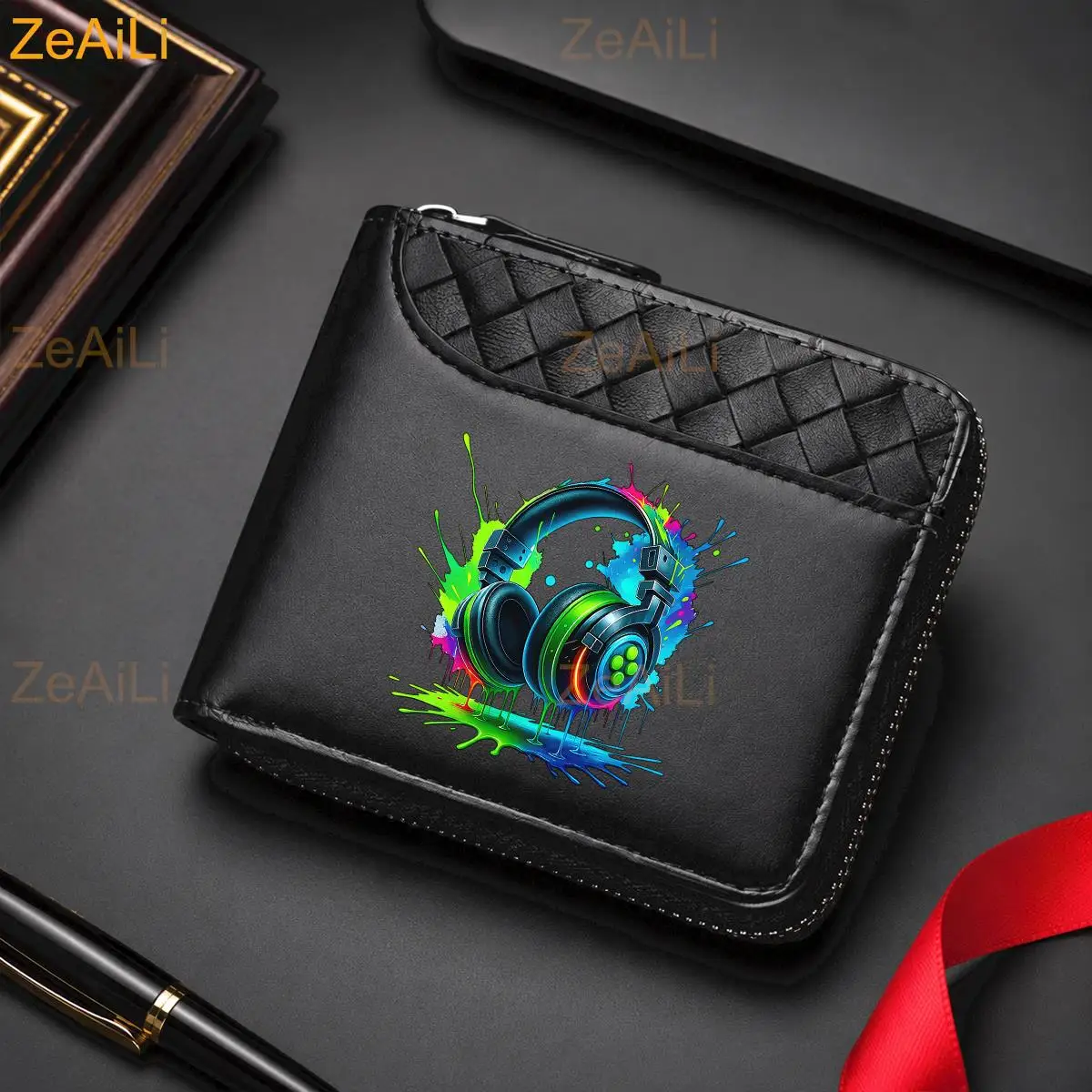 Color Headphones PU Leather Men'S Bifold Wallet, Lightweight Card Holder, Can Store Cash, ID Card, Credit Cards Perfect Gift