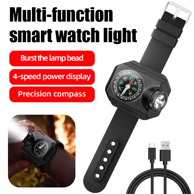 LED Portable Watch Light Flashlight Torch Wrist Light USB Rechargeable Emergency Light Outdoor 4 Modes For Sport With Compass