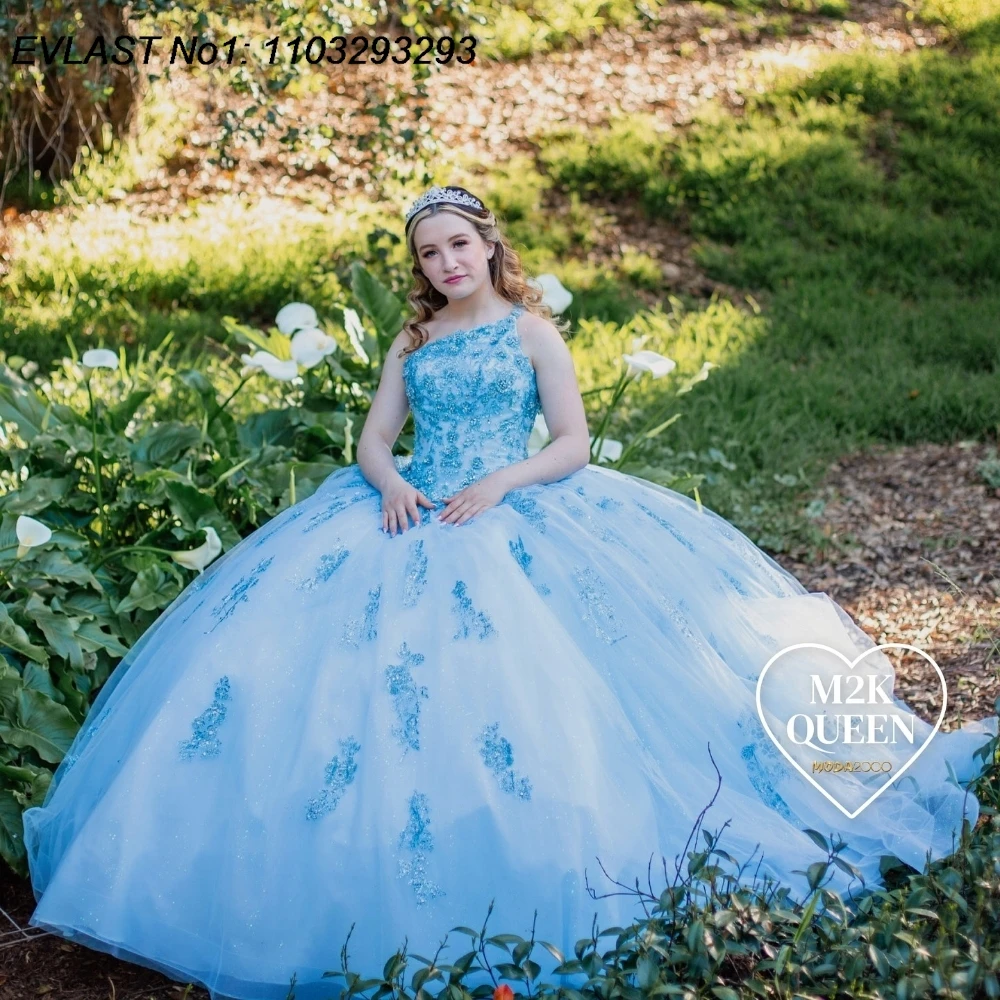 

EVLAST Customized Glittering Sky Blue Quinceanera Dress Ball Gown Lace Applique Beaded Mexico Sweet 16 Vestido De 15 Anos E1Q527