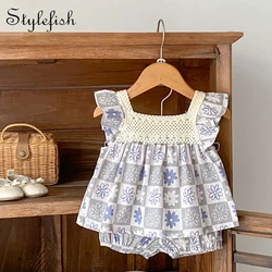 Summer New Breathable Baby Clothes Fashion Versatile Flying Sleeve Checker Set Wide Swing Top+Shorts Two Piece Set