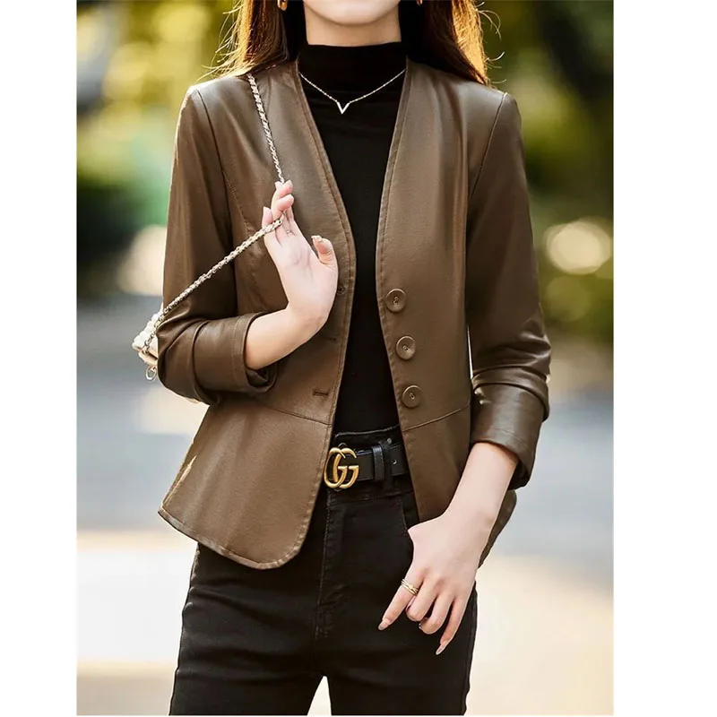 Leather Jacket For Women 2024 New Spring And Autumn High-End Design Waist Cinching Temperament Short V-Neck Leather Jacket Red