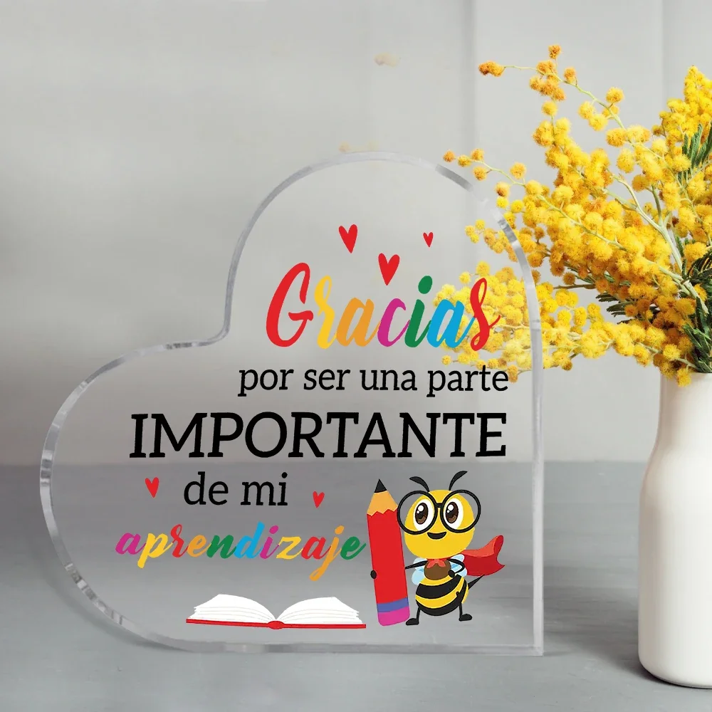 Heart Acrylic Desk Plaque Cute Bee Spanish Appreciation Acrylic Heart Sign, Teacher School Desk Keepsake Gift