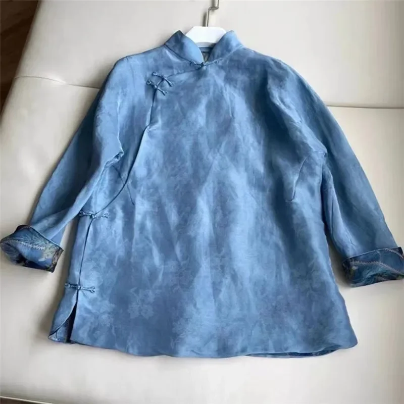 Womens Blue Jacquard Blouse Chinese Style Autumn Stand Collar Slant Button Women Shirt Loose Vintage Print Tops