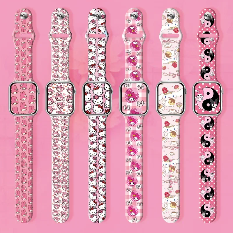 Sanrio Hello Kitty Printed Strap for Apple Watch Band 49mm 45 44 41 40mm 38mm Silicone Bracelet IWatch Series 8 7 6 3 5 4 Strap