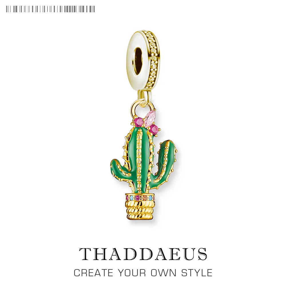 

Green Cactus Gold Plated Pendants Charm For Jewelry Making Solid 925 Sterling Silver Gift For Women Men