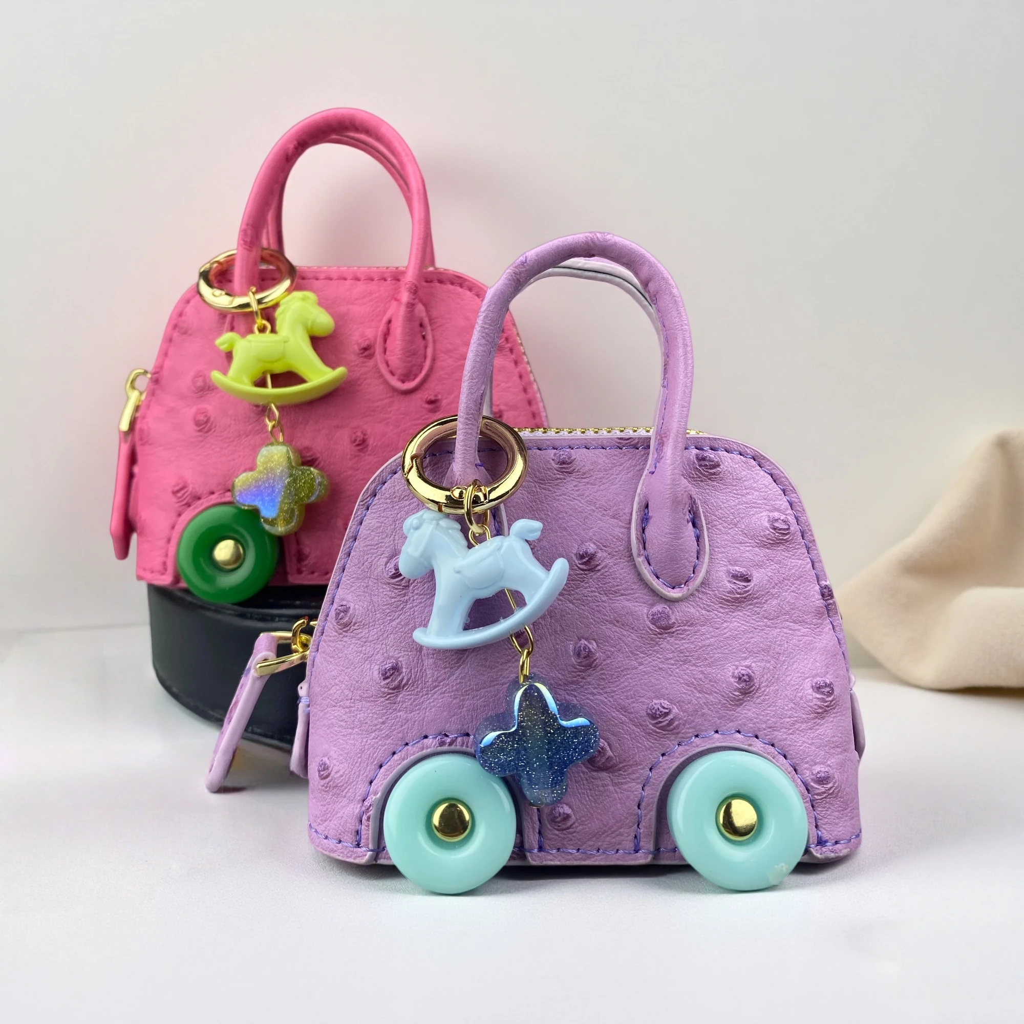 Mini Wheeled Handbag Purse,  Rocking Horse Pendant, Ostrich Pattern PU Leather Pouch for AirPods Coin Cable, Mini Tote Keychain